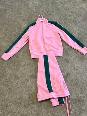 Pink Track Jacket & Pants Set with Green Stripes